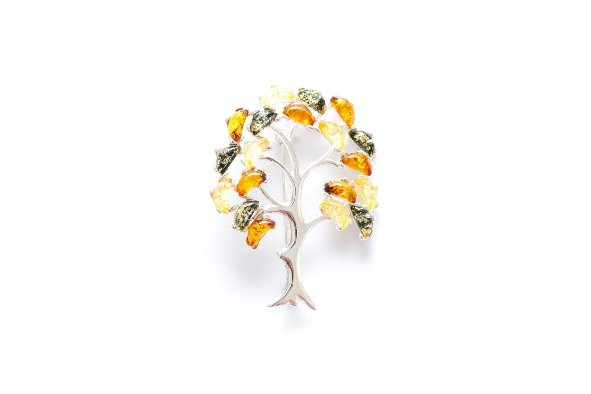 Colourful Large Amber Tree Brooch - Handcrafted Sterling Silver with Baltic Amber Stones - BEYRUN