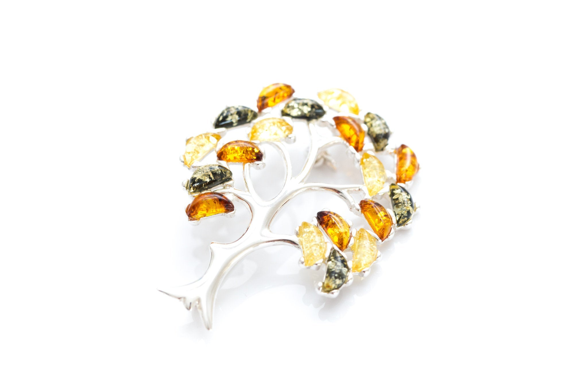 Colourful Large Amber Tree Brooch - Handcrafted Sterling Silver with Baltic Amber Stones - BEYRUN