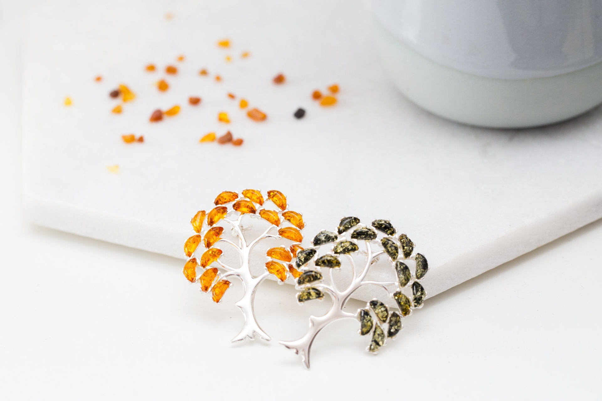 Colourful Large Amber Tree Brooch - Handcrafted Sterling Silver with Baltic Amber Stones - BEYRUN