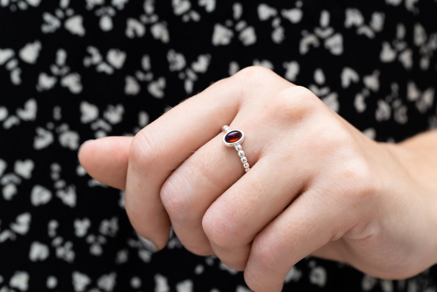 Cherry Amber Bubble Stacking Ring - Minimalist Sterling Silver Band with Baltic Amber Gemstone - Everyday Wear - BEYRUN