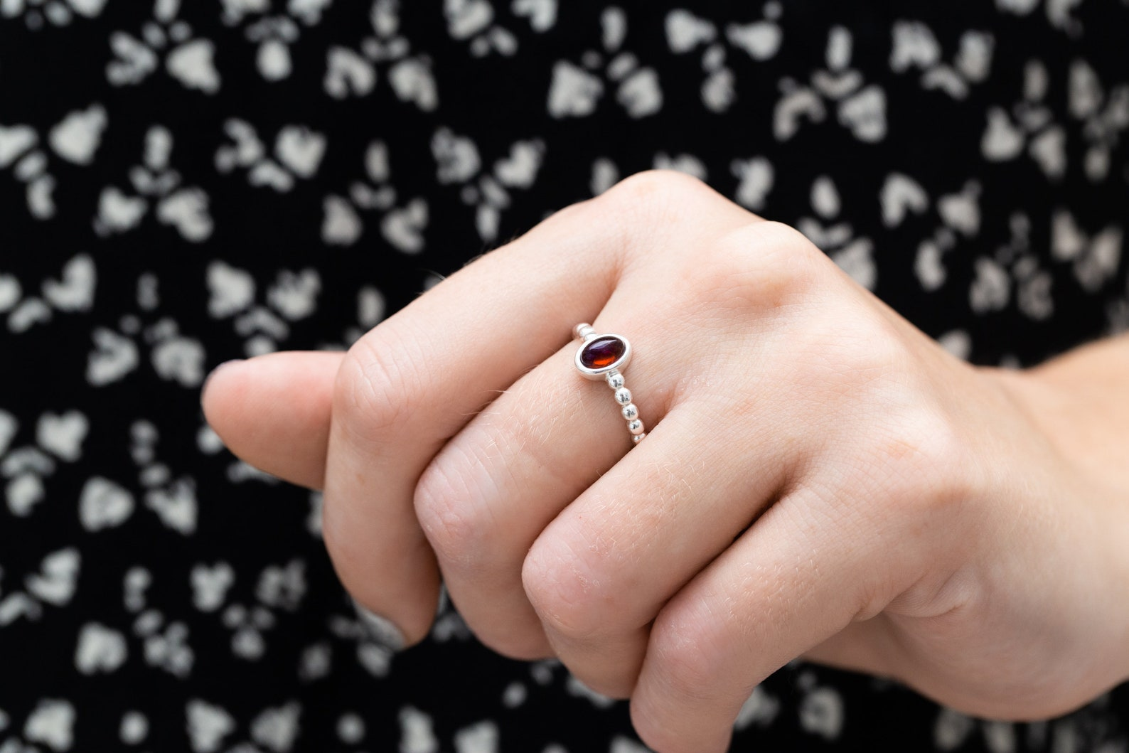 Cherry Amber Bubble Stacking Ring - Minimalist Sterling Silver Band with Baltic Amber Gemstone - Everyday Wear - BEYRUN