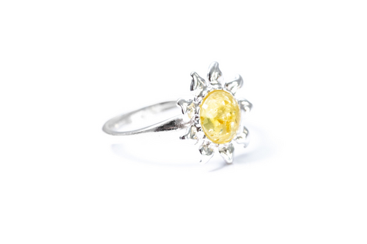 Citrus Yellow Amber Sun Ring - Sterling Silver Boho Sun Charm - BEYRUN