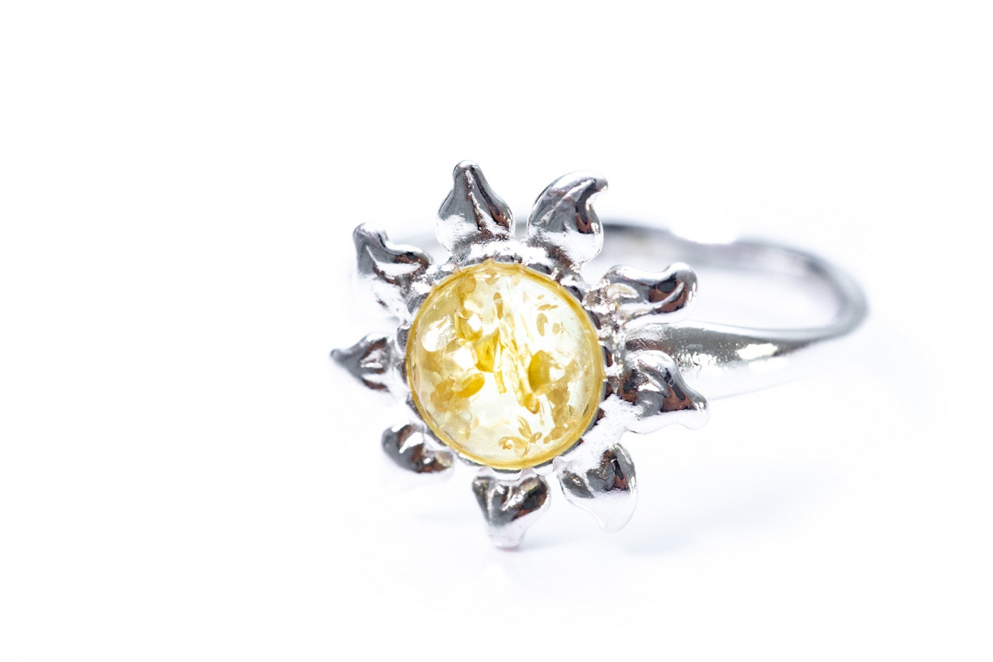 Citrus Yellow Amber Sun Ring - Sterling Silver Boho Sun Charm - BEYRUN