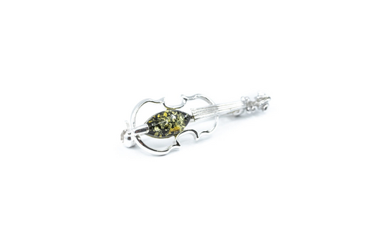 Classic Green Amber Violin Brooch - Sterling Silver Body - Perfect Gift for Violinists - BEYRUN