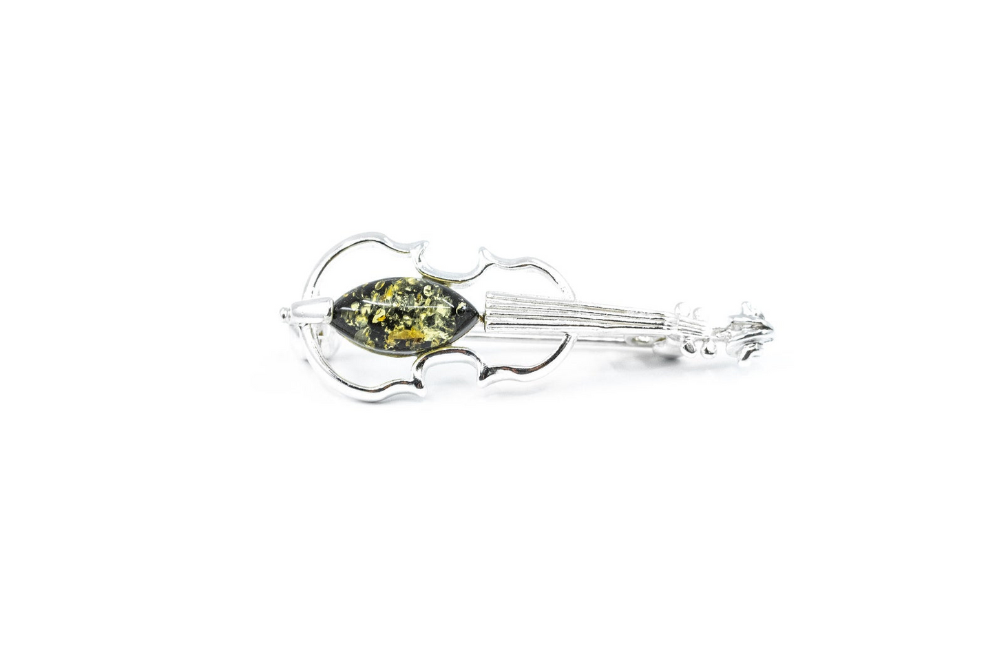 Classic Green Amber Violin Brooch - Sterling Silver Body - Perfect Gift for Violinists - BEYRUN