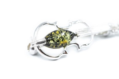 Classic Green Amber Violin Brooch - Sterling Silver Body - Perfect Gift for Violinists - BEYRUN