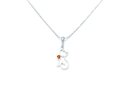 Dainty Cat Charm Necklace - Sterling Silver with Amber Gemstone - BEYRUN