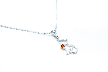 Dainty Cat Charm Necklace - Sterling Silver with Amber Gemstone - BEYRUN