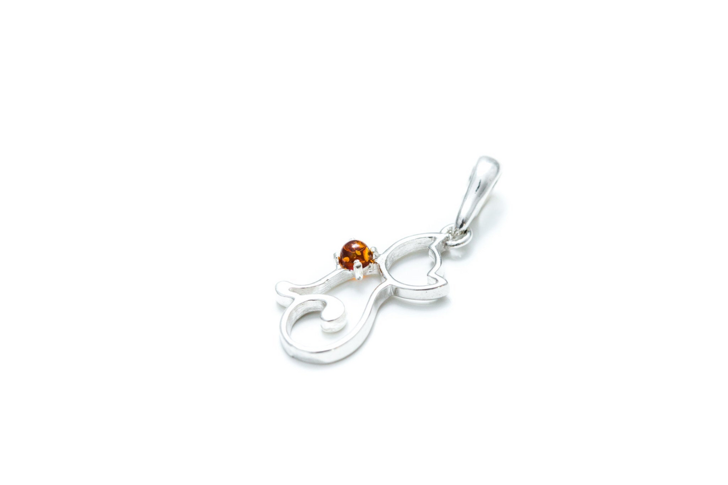 Dainty Cat Charm Necklace - Sterling Silver with Amber Gemstone - BEYRUN