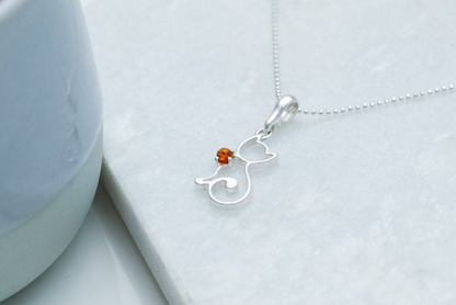 Dainty Cat Charm Necklace - Sterling Silver with Amber Gemstone - BEYRUN