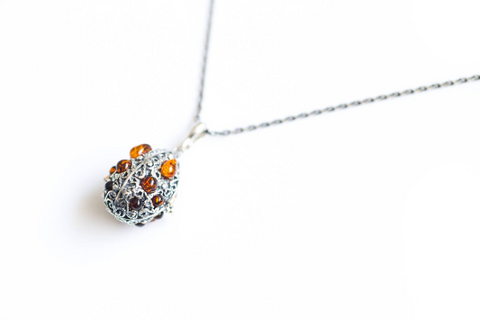 Fabergé Inspired Amber Egg Locket Necklace - Sterling Silver & Baltic Amber Keepsake Jewelry - BEYRUN