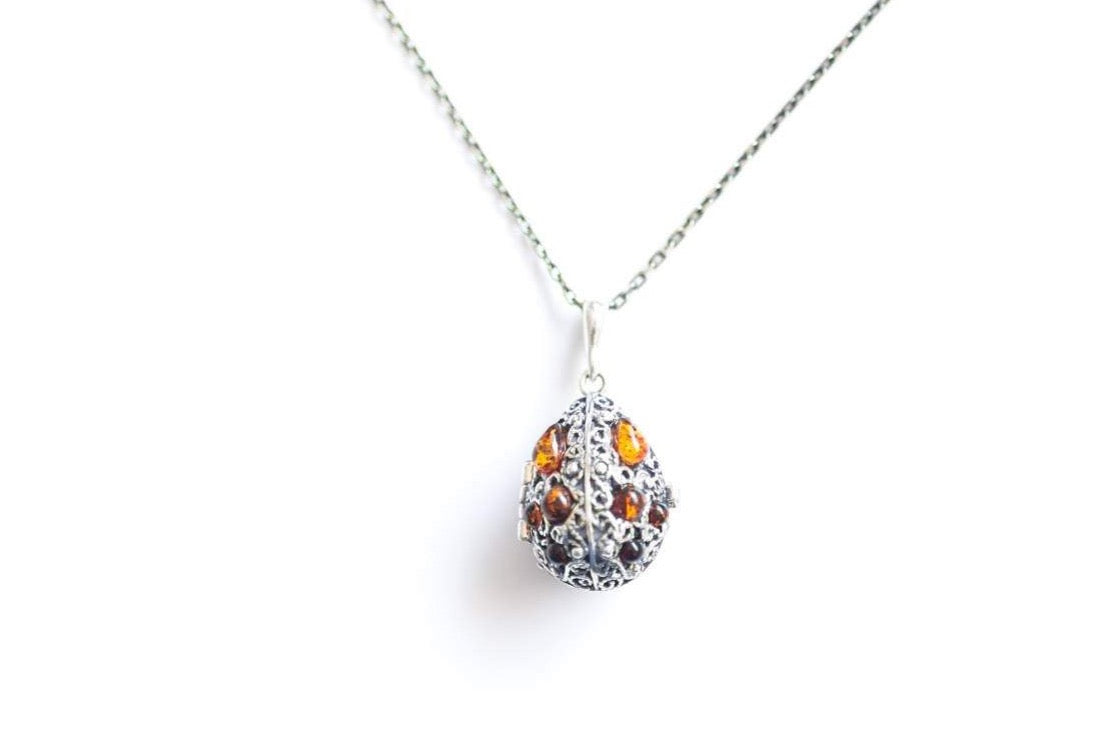 Fabergé Inspired Amber Egg Locket Necklace - Sterling Silver & Baltic Amber Keepsake Jewelry - BEYRUN