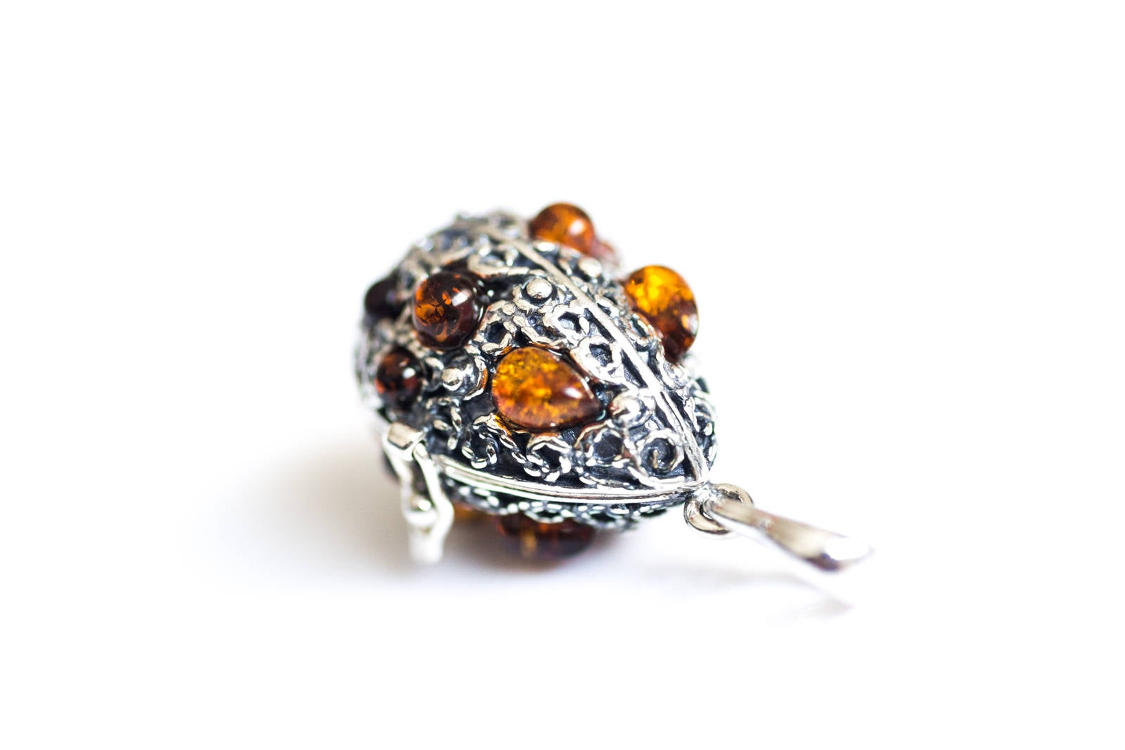 Fabergé Inspired Amber Egg Locket Necklace - Sterling Silver & Baltic Amber Keepsake Jewelry - BEYRUN