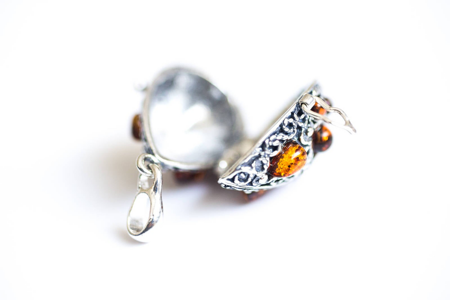 Fabergé Inspired Amber Egg Locket Necklace - Sterling Silver & Baltic Amber Keepsake Jewelry - BEYRUN