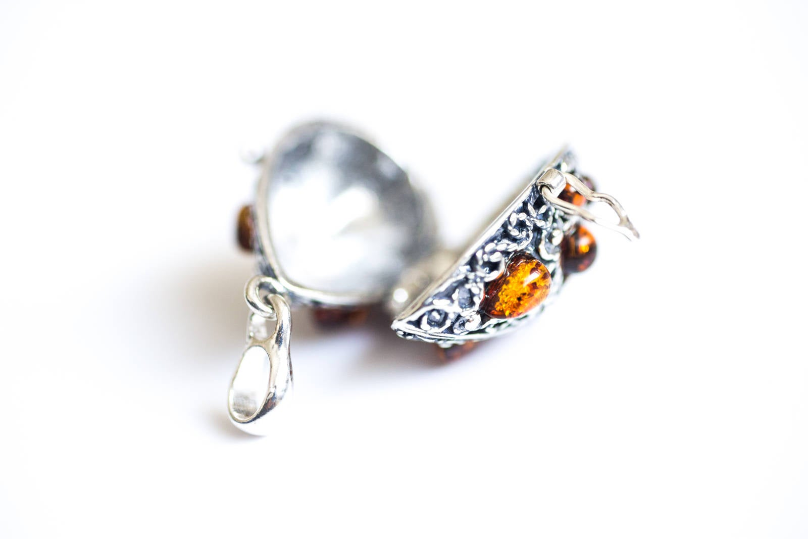 Fabergé Inspired Amber Egg Locket Necklace - Sterling Silver & Baltic Amber Keepsake Jewelry - BEYRUN