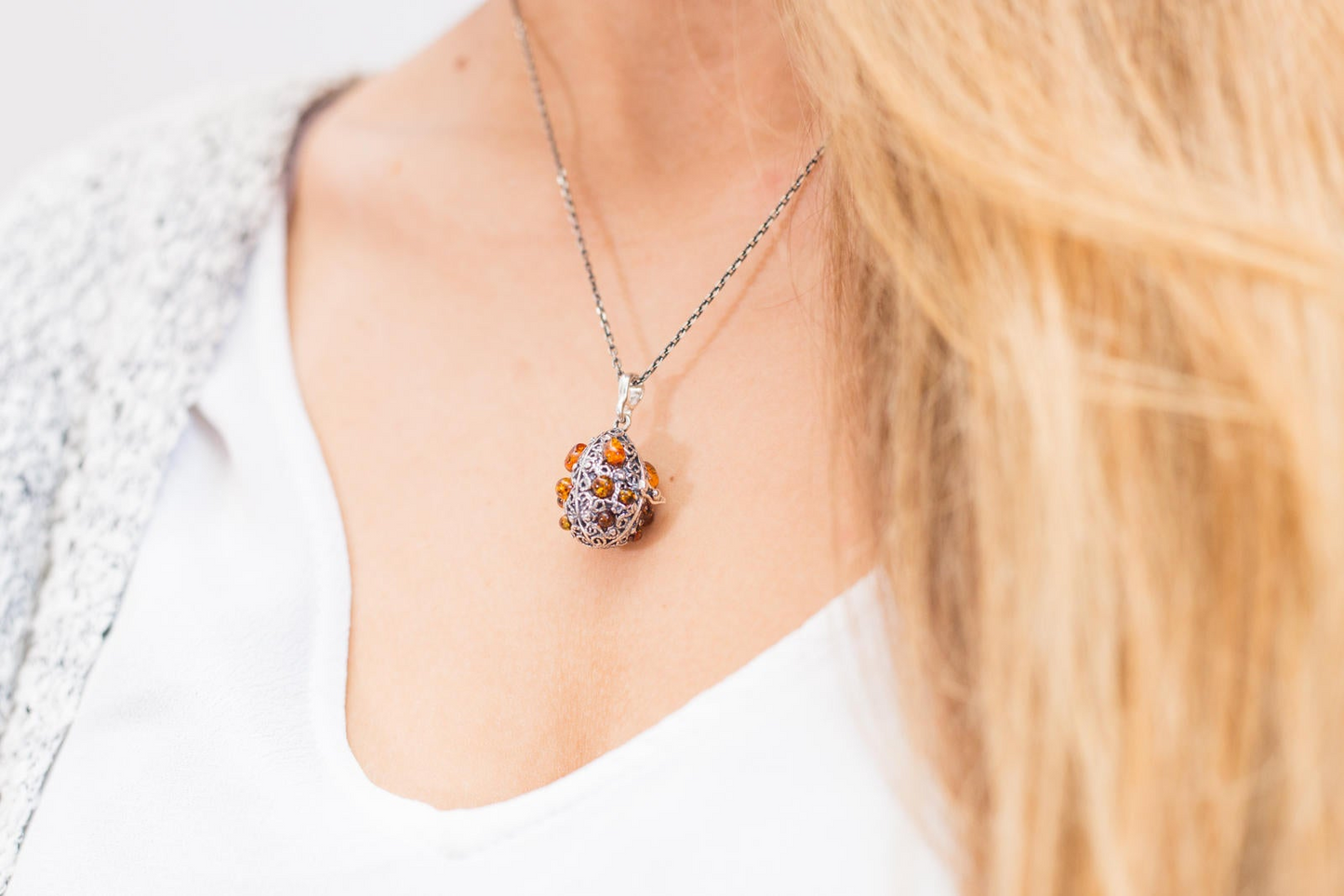 Fabergé Inspired Amber Egg Locket Necklace - Sterling Silver & Baltic Amber Keepsake Jewelry - BEYRUN