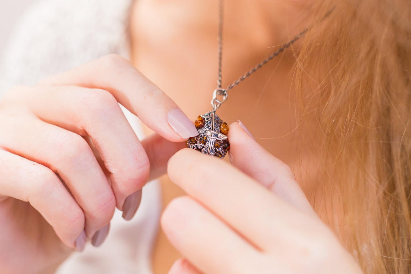 Fabergé Inspired Amber Egg Locket Necklace - Sterling Silver & Baltic Amber Keepsake Jewelry - BEYRUN