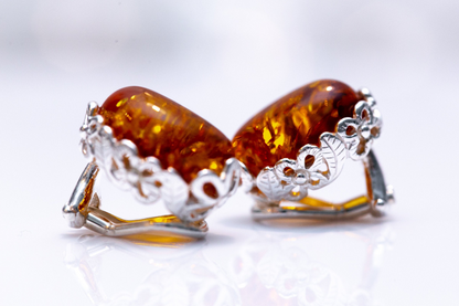 Floral Frame Oval Amber Clip On Earrings - Elegant Accessory for Non-Pierced Ears - BEYRUN