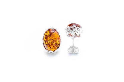 Floral Frame Amber Stud Earrings - Delicate Floral Setting with Radiant Amber Stone - BEYRUN