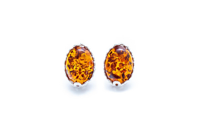 Floral Frame Amber Stud Earrings - Delicate Floral Setting with Radiant Amber Stone - BEYRUN