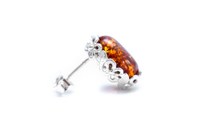 Floral Frame Amber Stud Earrings - Delicate Floral Setting with Radiant Amber Stone - BEYRUN