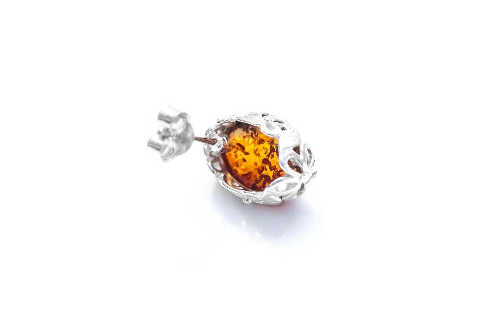 Floral Frame Amber Stud Earrings - Delicate Floral Setting with Radiant Amber Stone - BEYRUN