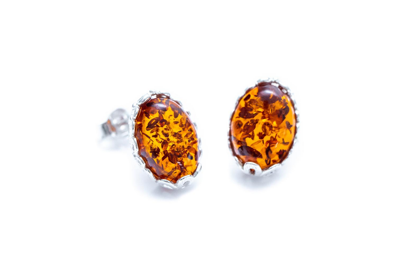 Floral Frame Amber Stud Earrings - Delicate Floral Setting with Radiant Amber Stone - BEYRUN