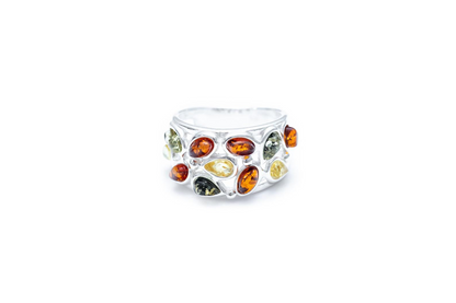 Floral Multicolour Amber Cuff Ring - Sterling Silver Jewelry - BEYRUN