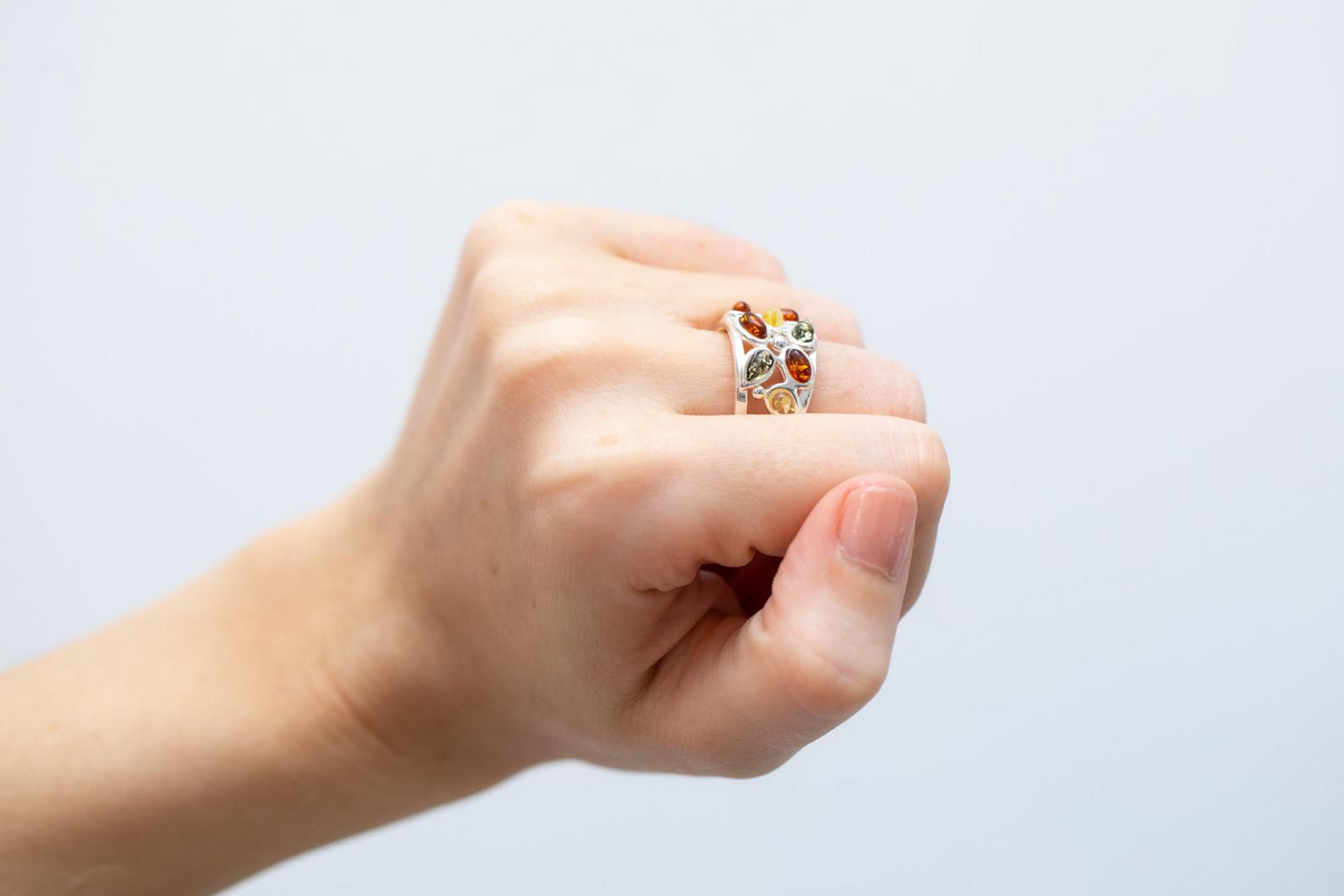 Floral Multicolour Amber Cuff Ring - Sterling Silver Jewelry - BEYRUN