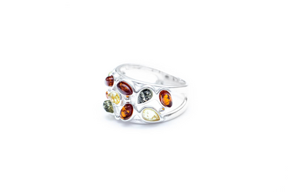 Floral Multicolour Amber Cuff Ring - Sterling Silver Jewelry - BEYRUN