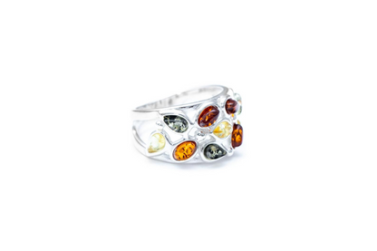 Floral Multicolour Amber Cuff Ring - Sterling Silver Jewelry - BEYRUN