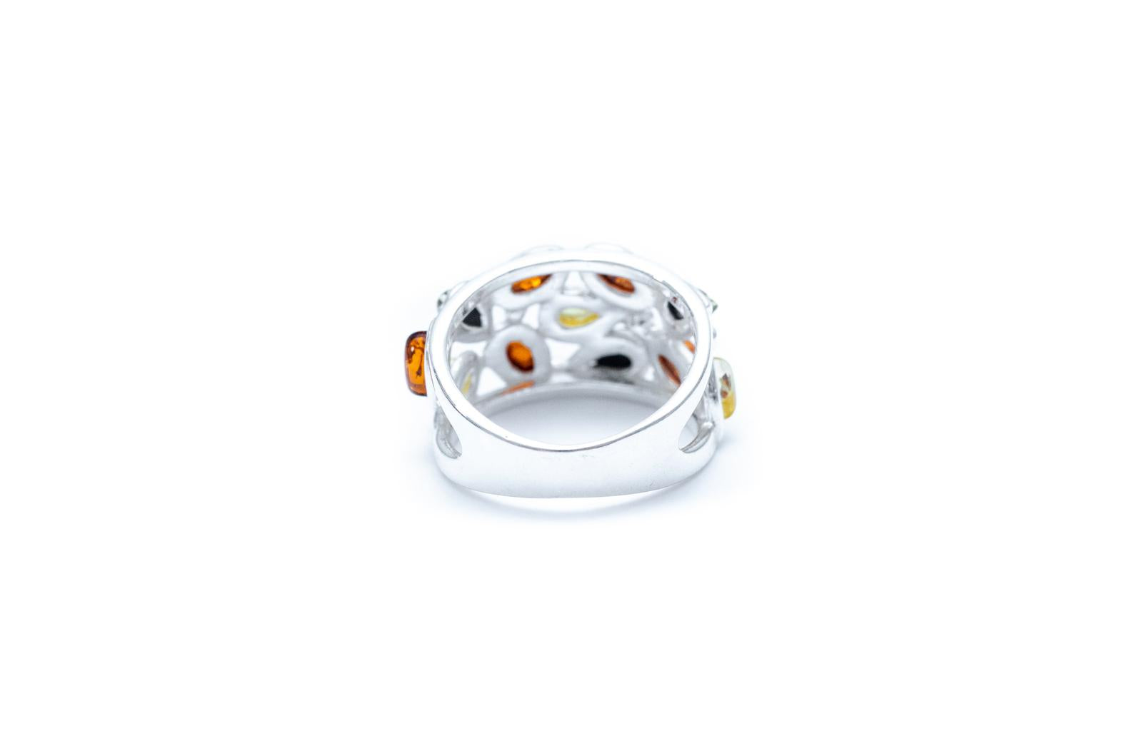 Floral Multicolour Amber Cuff Ring - Sterling Silver Jewelry - BEYRUN