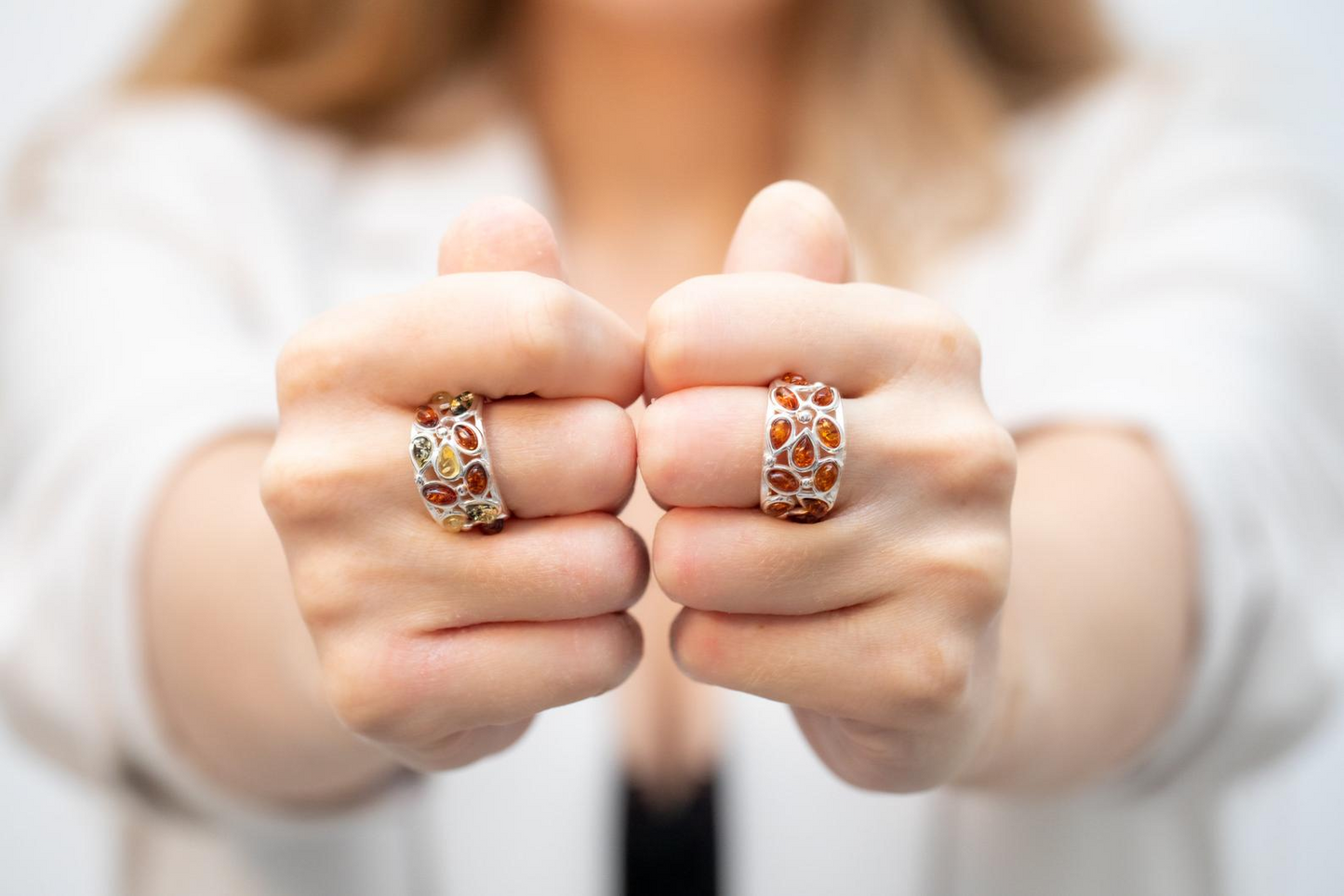 Floral Multicolour Amber Cuff Ring - Sterling Silver Jewelry - BEYRUN