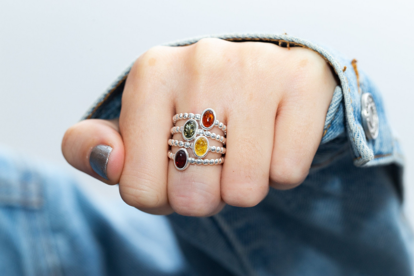 Green Amber Bubble Stacking Ring - Sterling Silver & Baltic Amber Jewelry