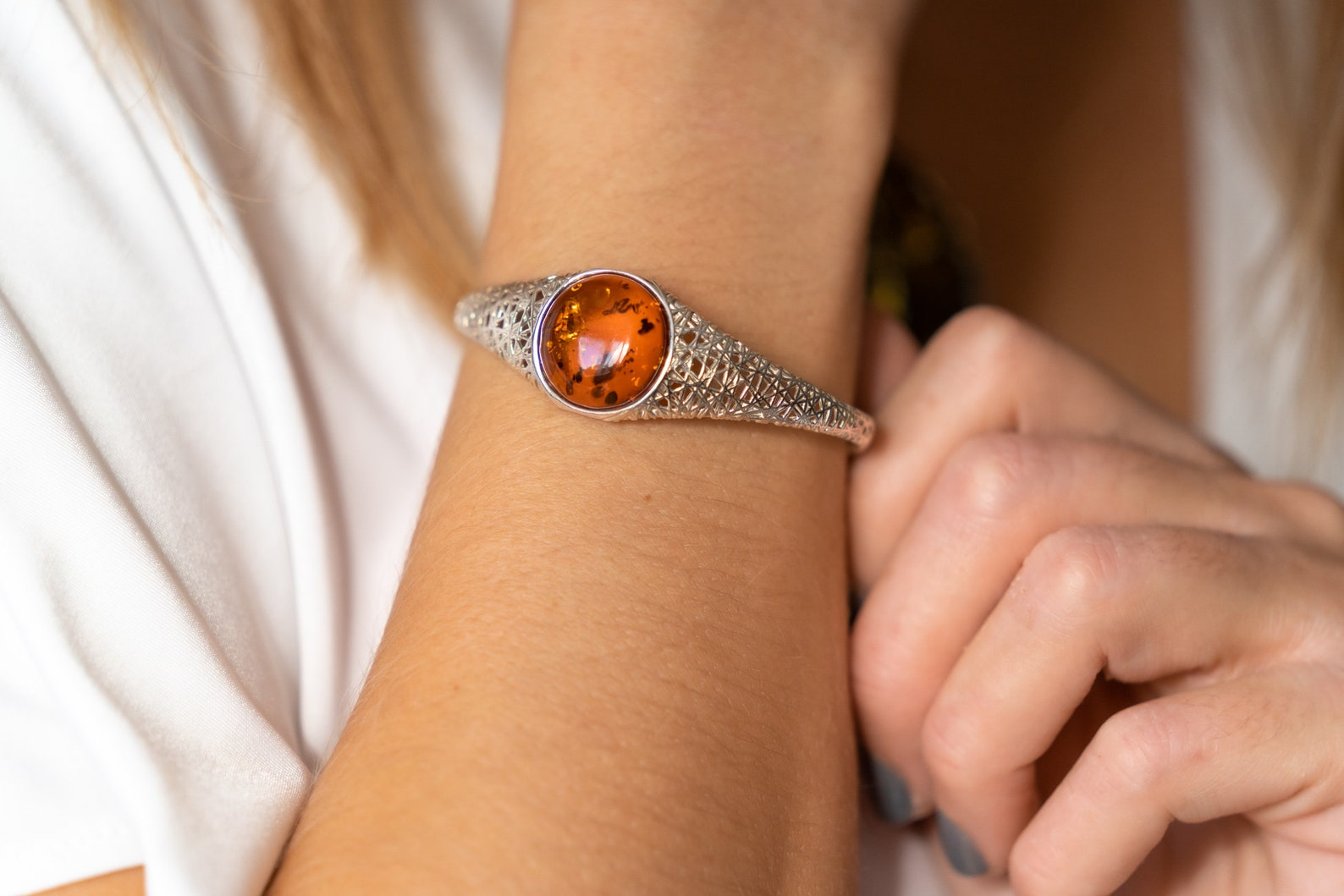 Handmade Modern Amber Arm Cuff - Sterling Silver Filigree Bangle - BEYRUN