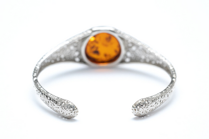 Handmade Modern Amber Arm Cuff - Sterling Silver Filigree Bangle - BEYRUN