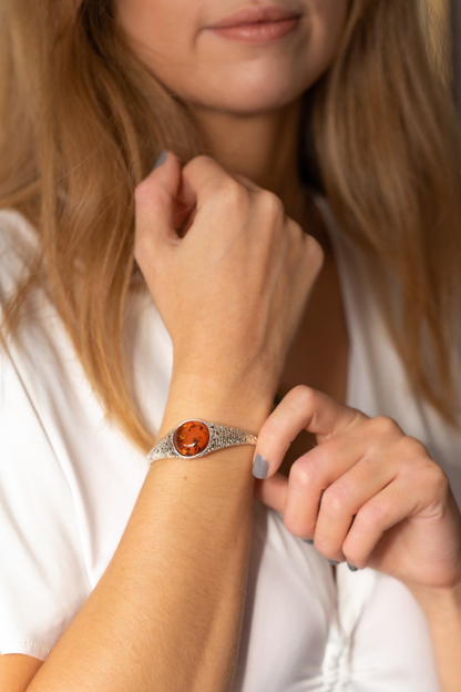 Handmade Modern Amber Arm Cuff - Sterling Silver Filigree Bangle - BEYRUN