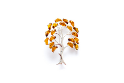 Large Amber Tree Brooch - Sterling Silver Body with Baltic Amber Leaves - BEYRUN