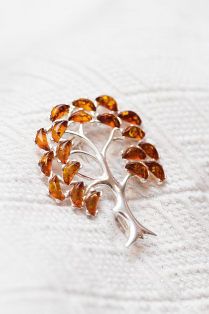 Large Amber Tree Brooch - Sterling Silver Body with Baltic Amber Leaves - BEYRUN