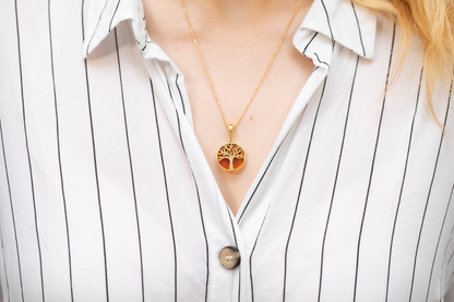 Large Gold Plated Tree of Life Pendant - Baltic Amber & Sterling Silver - BEYRUN