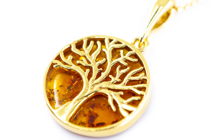 Large Gold Plated Tree of Life Pendant - Baltic Amber & Sterling Silver - BEYRUN