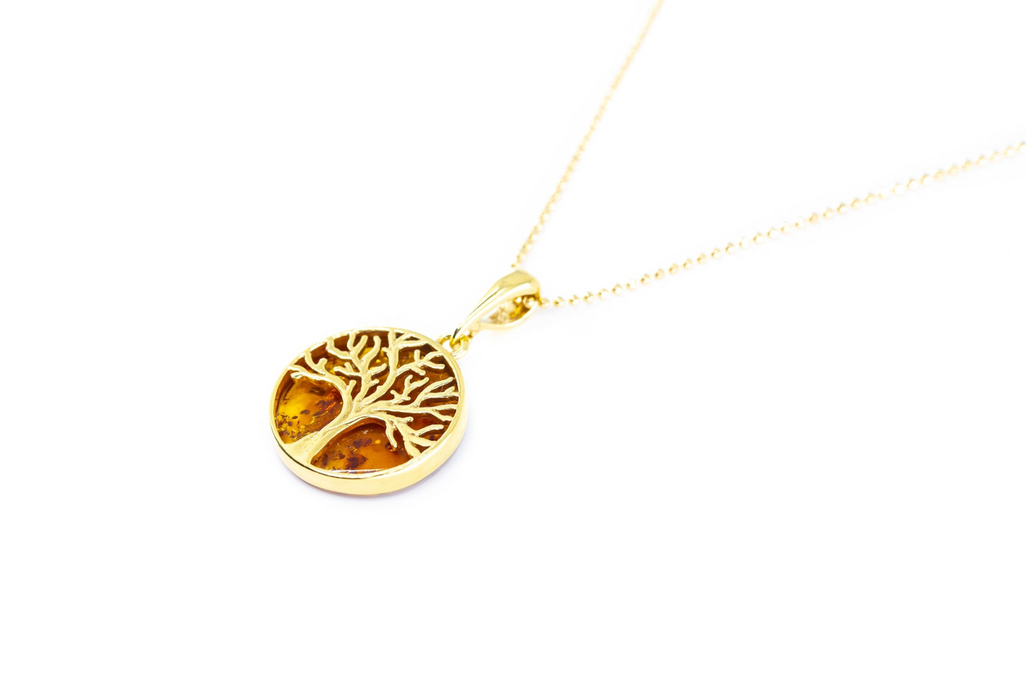 Large Gold Plated Tree of Life Pendant - Baltic Amber & Sterling Silver - BEYRUN