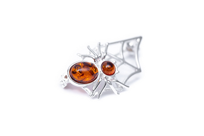 Minimal Amber Spider Web Brooch - Sterling Silver with Baltic Amber Stones - BEYRUN