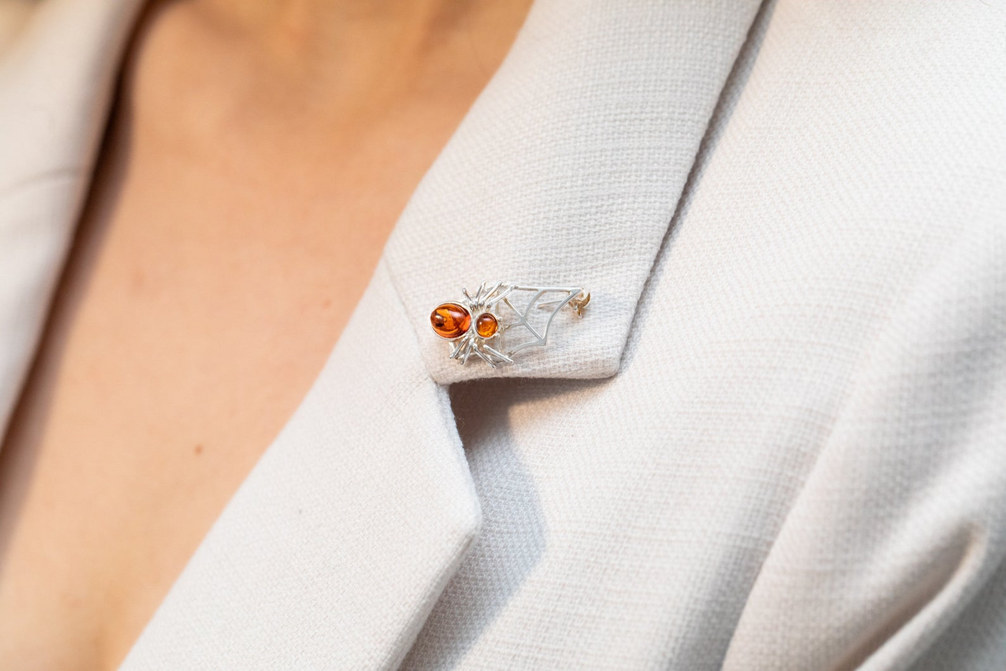 Minimal Amber Spider Web Brooch - Sterling Silver with Baltic Amber Stones - BEYRUN