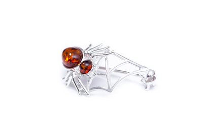 Minimal Amber Spider Web Brooch - Sterling Silver with Baltic Amber Stones - BEYRUN