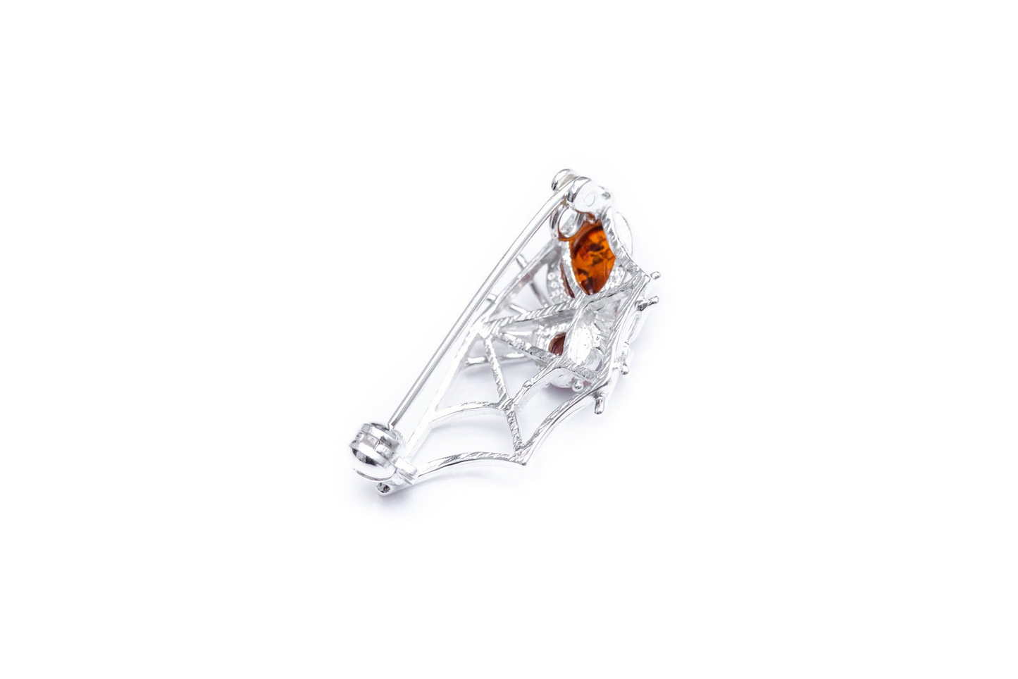 Minimal Amber Spider Web Brooch - Sterling Silver with Baltic Amber Stones - BEYRUN