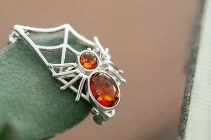 Minimal Amber Spider Web Brooch - Sterling Silver with Baltic Amber Stones - BEYRUN