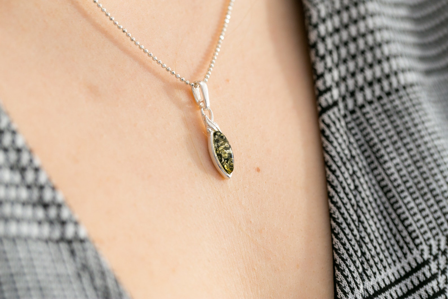 Minimal Leaf Green Amber Pendant - Elegant Sterling Silver Necklace - BEYRUN