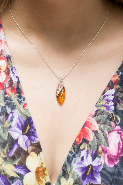 Contemporary Amber Drop Pendant | Baltic Amber & Sterling Silver - BEYRUN