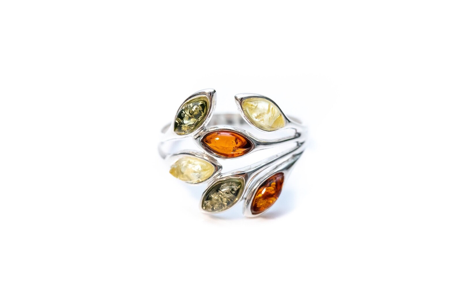 Multicolour Amber Floral Ring - Sterling Silver Cuff Ring with Baltic Amber - BEYRUN